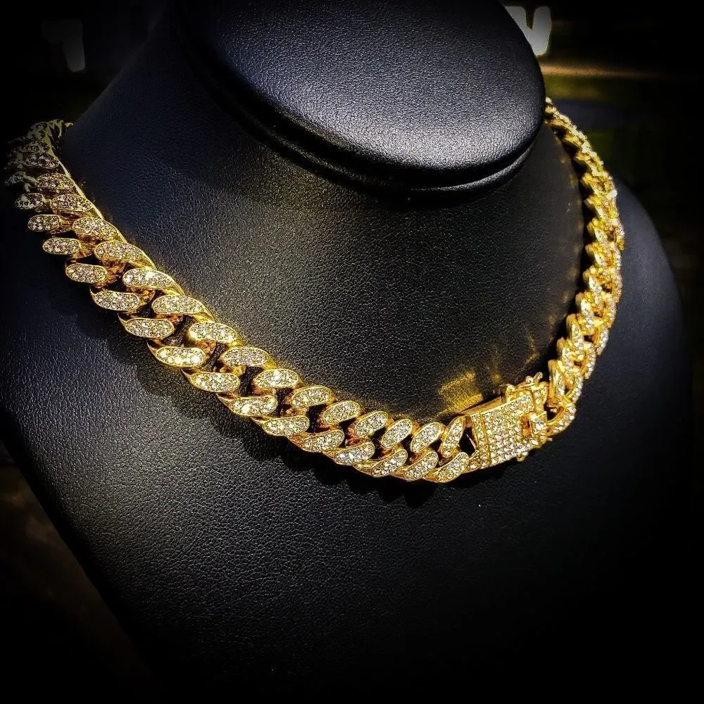 Iced Out Cuban Link Chain Gold | Diamond Clasp | Hip Hop Bling Necklace